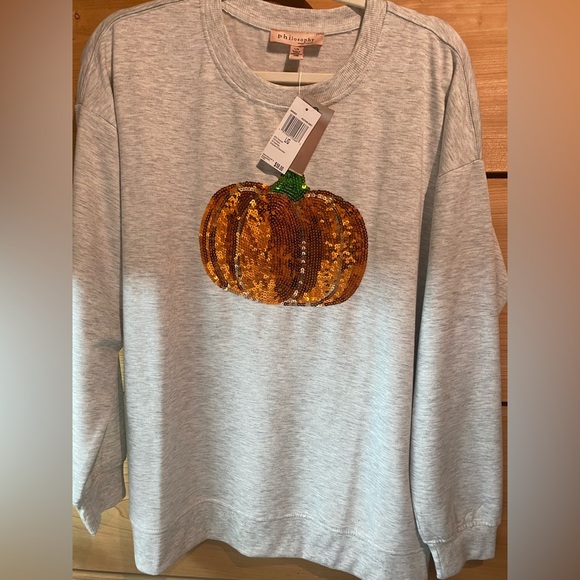Philosophy Tops - Philosophy Light Gray Sweatshirt with Sequin Pumpkin